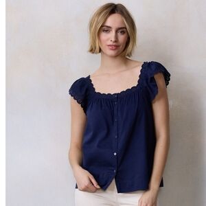 LC Lauren Conrad Navy Blouse with Lace Sleeves